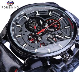 Forsining Black Racing Speed Automatic Mens Watch SelfWind 3 Dial Date Display Polished Leather Sport Mechanical Clock Dropship2245022