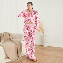 Home Clothing Women's Heart Print Pyjamas Set Feather Hem Long Sleeve Lapel Neck Crop Tops Elastic Waist Pants 2 Piece Sleepwear Loungewear