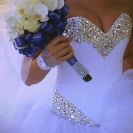 Dresses QQ Lover 2020 Luxury Crystal Tulle Ball Gown Wedding Dresses Sparkly Rhinestones Pleated Princess Wedding Gown