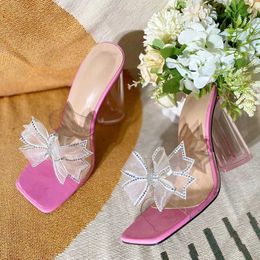 Dress Shoes Liyke Transparent Slippers For Women 2024 Summer Fashion Crystal Bowknot PVC Sandals Strange Clear High Heels Female H2404030A62