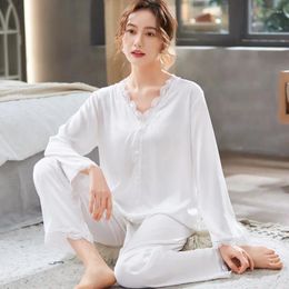 Home Clothing Sexy V-neck Sleep Suit Satin Pajamas Set 2pcs Women Pearl Button Nightwear Bride Sleepwear Loungewear Casual