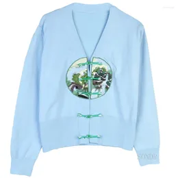 Women's Knits Chinese Style V-neck Knitted Cardigan For Women Knot Embroidery Landscape Painting Elegant White Sweater Tops