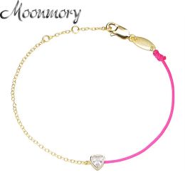 Bangles Moonmory 100% Sterling Sier Pink Blue String Heart Crystal Bracelet for Women Half Golden Chain Half Rope Jewellery 0.8mm