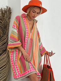 V Neck Stripe Patchwork Loose Mini Dress Women Contrast Color Long Sleeve Short Dresses Female Vacation Beach Vestidos 240426