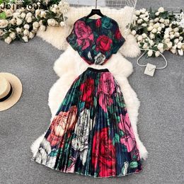 Work Dresses Skirt Set For Women Elegant 2024 Two Piece Outfits Short Sleeve O-neck Shirt Loose Pleated Skirts Suit Vintage Summer Clothes
