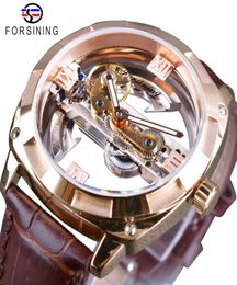 Forsining Rose Golden Brown Genuine Leather Belt Transparent Double Side Open Work Creative Automatic Watches Top Brand Luxury5471268