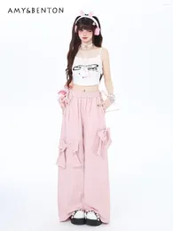 Women's Pants 2024 Spring And Summer Dopamine Girl Bow Pink Wide Leg Preppy Style Sweet Cute Loose Casual Elastic Waist Y2K Women