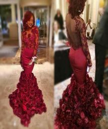 Dark Red Rose Mermaid Prom Dresses 2016 Crew Long Sleeves Illusion Back Applique Evening Gowns Floral Ruffles Sweep Train Formal P7813718