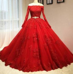 Real 2019 Delicate Red Ball Gown Quinceanera Dresses Off Shoulder Long Sleeves Tulle Key Hole Back Corset Pink Sweet 16 Dresses Pr1159504