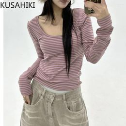 Women's T Shirts KUSAHIKI Sexy Retro Stripes Korean Versatile Slim Fit Long Sleeved Round Neck Base Shirt Short Spicy Girl Y2k Top 2024