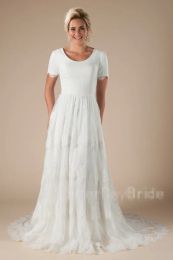 Dresses New Vintage Boho Lace Modest Wedding Dresses With Short Sleeves Aline Simple Temple LDS bridal Gowns Custom Made Couture Custom M