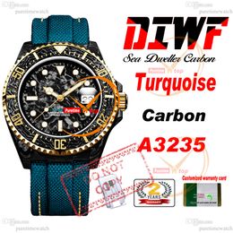 Sea Dweller Turquoise A3235 Automatyczna męska zegarek 43 mm Diwf v3 żółte złoto czarne wybieranie zielonego paska nylonowego Super wydanie ta sama karta seryjna PureTime ReLOJ HOMBRE PTRX F2