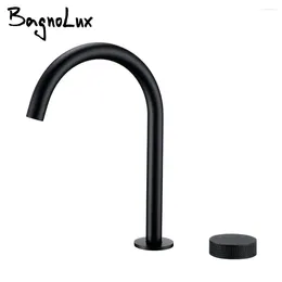 Bathroom Sink Faucets Matte Black Basin Faucet &cold Single Handle Rotating Spout Two Holes Deck Mounted Widerspread Mixer Tap 2 Kit