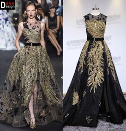 Zuhair Murad Black Evening Dresses With Gold Beads Real Pictures Custom Made Sweep Train Prom Dress Party Evening Wear Illusion Fo6635639