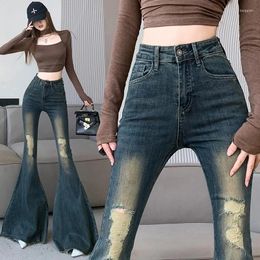 Women's Jeans Ripped Big Flare For Women 2024 Dark Blue Skinny Vintage Tassel Patchwork Boot-Cut Denim Trousers Mujer Fashion Pants