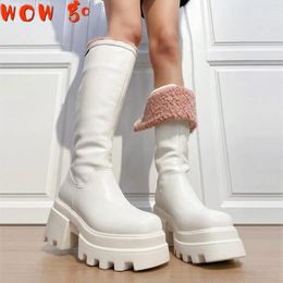 Walking Shoes 2024 Winter Fashion Motorcycle Snow Boots Women Warm Thick Plush Platform Knee High Booties Female Street Heels Botas Mujer