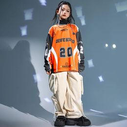 Kids Girls Boys Streetwear Hip Hop Loose Sport Long Sleeve Tshirts Cargo Pants Sets Children Tracksuits Stage Clothes Costumes 240328