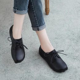 Casual Shoes Loafers Women Flats Leather Lace Up Black Ladies Handmade Girls Low Heels Genuine Spring2024