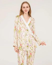 Home Clothing 19mm Floral Print Luxurious Pure Silk Pyjamas Set Mulberry Kimono Loungewear