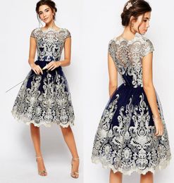 2023 Dark Blue Prom Dresses Short Lace Bateau Neck Cap Sleeve Knee Length Formal Cocktail Party Gowns Maxi Dress Evening Homecomin8578334
