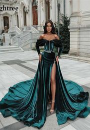 Sexy Elegant Dark Green Off Shoulder Caftan Prom Evening Dresses Detachable Train Velvet High Side Split Long Sleeve Court Train F4490451