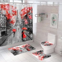 Shower Curtains Paris Eiffel Tower Bathroom Set Hug Lover Pattern Curtain Bath Mats Pedestal Rugs Toilet Cover Non-slip Carpet