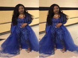 Sparkly Sequins Jumpsuits Prom Dresses 2019 Royal Blue V Neck Long Sleeve OverskirtsEvening Gowns Plus Size African Pageant Pants 7602949