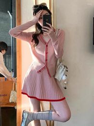 Work Dresses Korean Vintage Knit Skirts Sets Women Slim V-neck Short Sweater Cardigan 2 Piece Suits Chic A-line High Waist Mini Skirt