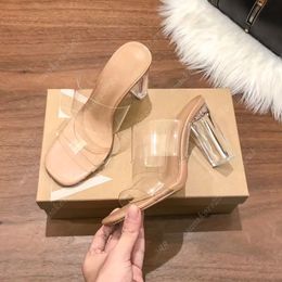 Designer Women sandals luxury thick heels PVC transparent genuine leather high heels open toe sandals zapatos mujer muller shoes classic style wedding shoes