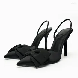 Dress Shoes 2024 TRAF Women Pointed Toe Bow High Heels Sexy Black Stiletto Autumn Female Elegant Heeled Slingback Pumps