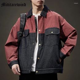 Men's Jackets Denim Coats High Street Red Plaid For Men Design Spliced Casual Loose Patchwork Youth Hip Hop Y2k Jeans Tops