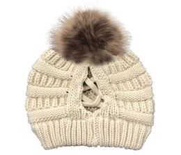 Criss Cross Pom Pom Ponytail Beanies 16 Colours Women Winter High Bun Knitted Hat Detachable Pompom Beanies Party Hats CCA12560 30p6804695