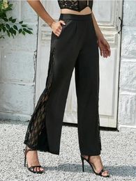 Women's Pants D&M Women Split Lace Patchwork Elegant Straight Wide Leg Cropped Trousers Female Summer Black Loose High Waist Thin Pantalones