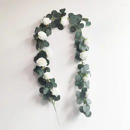 Decorative Flowers Artificial Plants For Home Decoration Romantic Wedding Supplies White Rose Eucalyptus Globulus Vine 1Pc 190cm