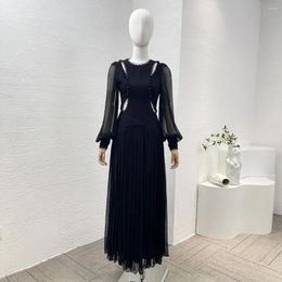Casual Dresses Collection Summer Spring Elegant Black Cut Out Ruched Pleat Long Sleeve Women Midi Dress