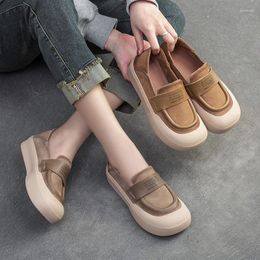 Casual Shoes Women Loafers Leather Slip On Khaki Handmade Genuine Lazy Low Heels Soft Spring 2024
