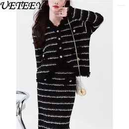 Work Dresses 2024 Autumn And Winter French Style Knitted Cardigan Sweater Coat Skirt Set Women's Fashion Hip Long Outfits Female