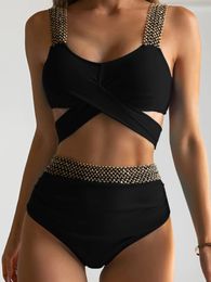 2023 Sexy Cross High Waist Bikini Set Push Up Swimwear Women Swimsuit Female Flash Patchwork Bathing Suits Beachwear Bathers 240403