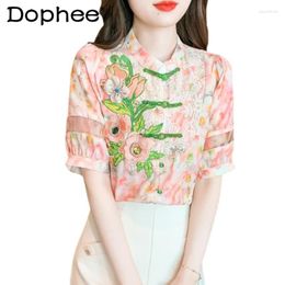 Women's Blouses Summer Short-Sleeved Chiffon Shirt Clothing 2024 Chinese Style Embroidered Top Fashionable Floral Print Blusas