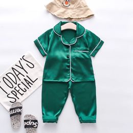 DIIMUU Summer Boys Pajamas Set Kids Clothes Baby Ice Silk Satin Tops and Pants Sets 14 Years Infant Girls Sleepwear Outfit Suit 240325