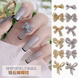 Nail Art Bowknot Zircon Jewelry Gold Ribbon Decoration Hollow and Silver DIY Accessories 240328