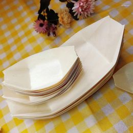 Disposable Dinnerware 50pcs Creative Wooden Boat Shape Plates Salad Dessert Pine Cake Snack Serving Bowl Natural Bamboo Plate Tray