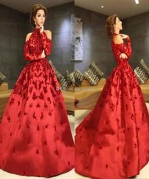 Luxury Red Myriam Fares Evening Dresses High Neck Halter Long Sleeves Appliques Beaded Satin Ball Gown Celebrity Dresses Formal Pr3634263