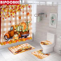 Shower Curtains Maple Pumpkin Autumn Harvest Print Curtain Fall Bathroom Set Bath Mats Rugs Toilet Lid Cover Non-slip Carpet