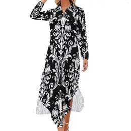 Casual Dresses Damask Print Dress Floral Swirls Aesthetic Long Sleeve Beach Female V Neck Printed Oversized Chiffon