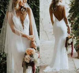 Dresses Elegant Sexy Lace Plus Size Sheath Wedding Dress Spaghetti Straps Deep V Neck Backless Court Train Applique Bridal Gown Custom Mad