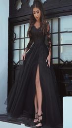 Sexy Black Chiffon Slits Cheap Prom Dress V neck With Illusion Long Sleeves Lace Applique Empire Waist Floor length Evening Formal8651511