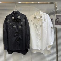 Women's Blouses 2024 Spring Loose White Shirt For Women Light Luxury Rhinestone Pattern Long Sleeve Blouse Turn Collar Irregular Top Blusas