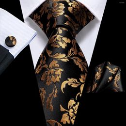 Bow Ties Hi-Tie Designer Luxury Golden Black Floral Silk Business Tie For Men Handky Cufflink Gift Mens Fashion Necktie Party
