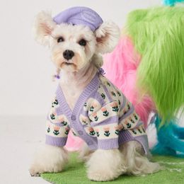 Dog Apparel Cute Cotton Autumn Winter Flower Knitted Sweater Pet Clothes Cardigan Purple Dogs Clothing Cat Warm Print Girl Chihuahua